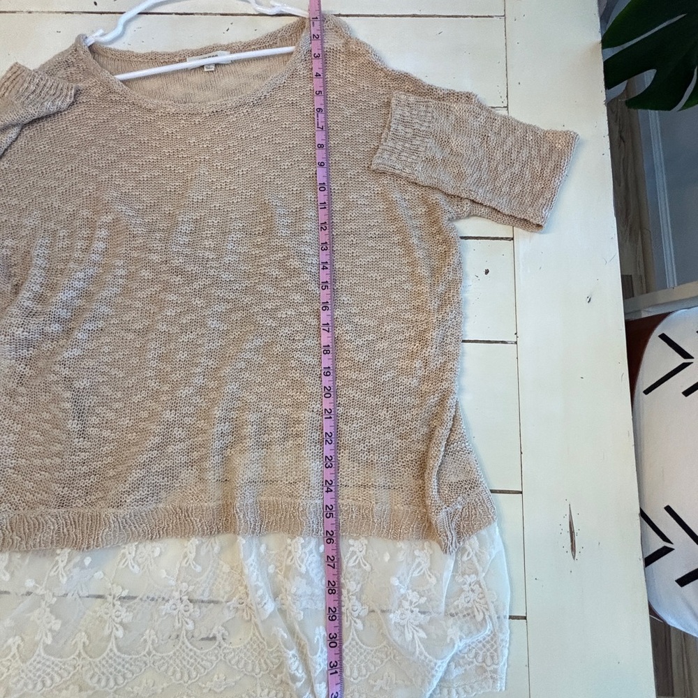 UMGEE Oversized Open Knit Lace Ruffle Sweater Women’s Large Beige Tunic Top - Picture 8 of 10